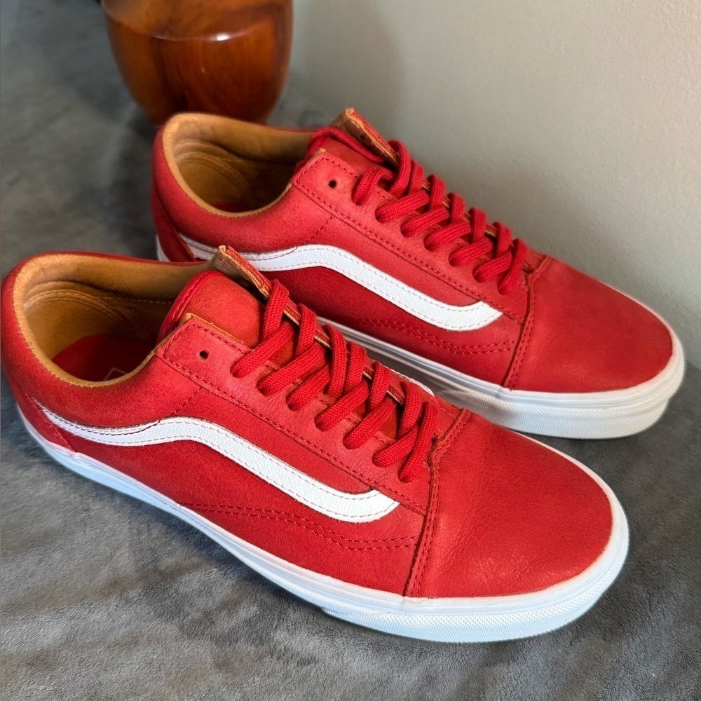 Red Leather Old Skool Vans Sneakers with Iconic Jazz Stripe